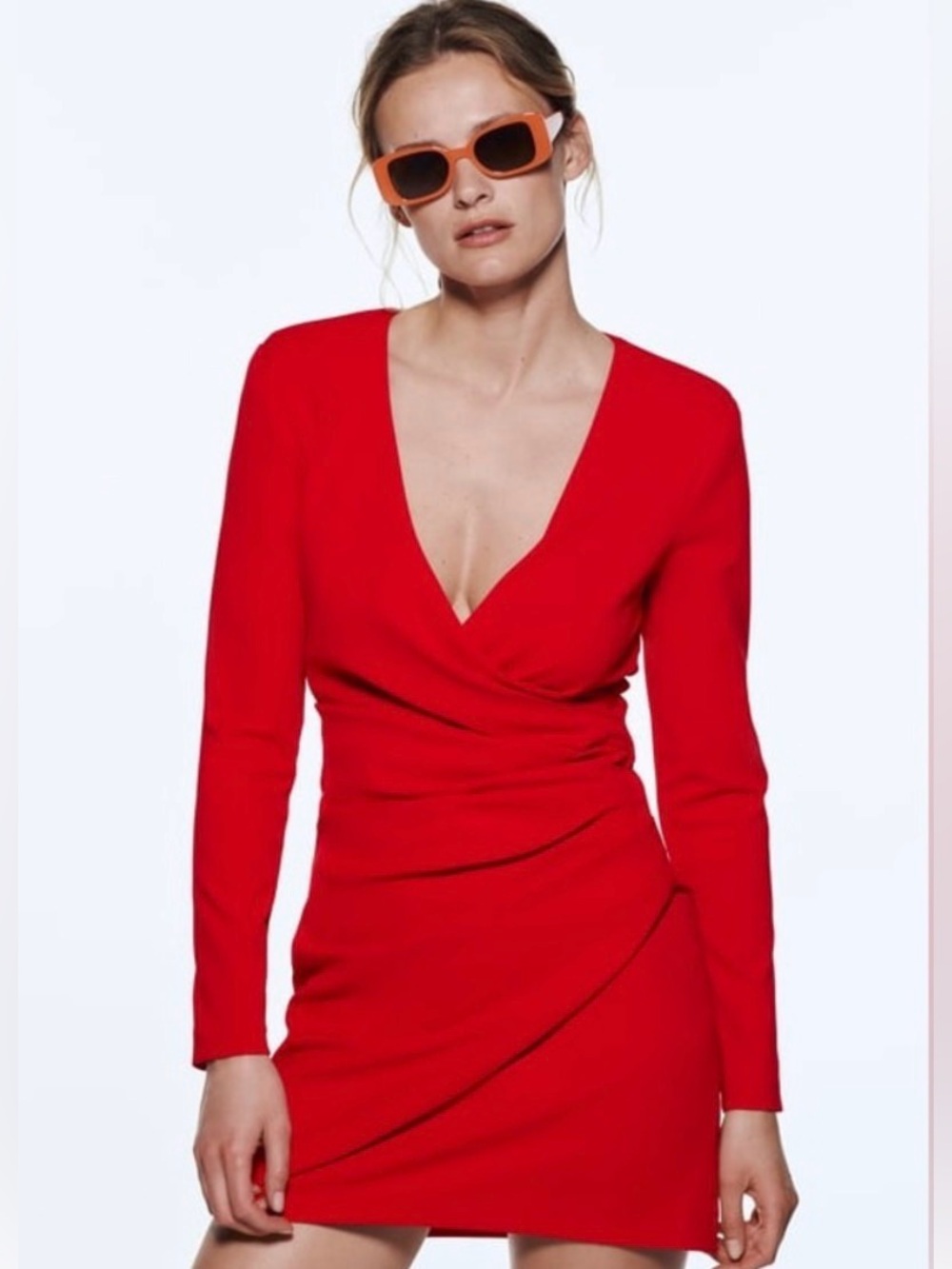 ZARA Red Wrap Mini Dress – Elegant Long Sleeve V-Neck